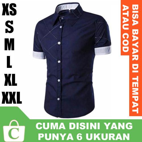 CORATCORETUDIO - Kemeja Pria Hem Cowok Lengan Pendek Polos BIRU X HITAM / 6 Ukuran XS S M L XL XXL / Kecil Kurus Besar Gemuk Gendut Jumbo / Kemeja Biru Pria Lengan Pendek / Kemeja Biru Cowok Lengan Pendek / Kemeja Biru Laki Laki Lengan Pendek