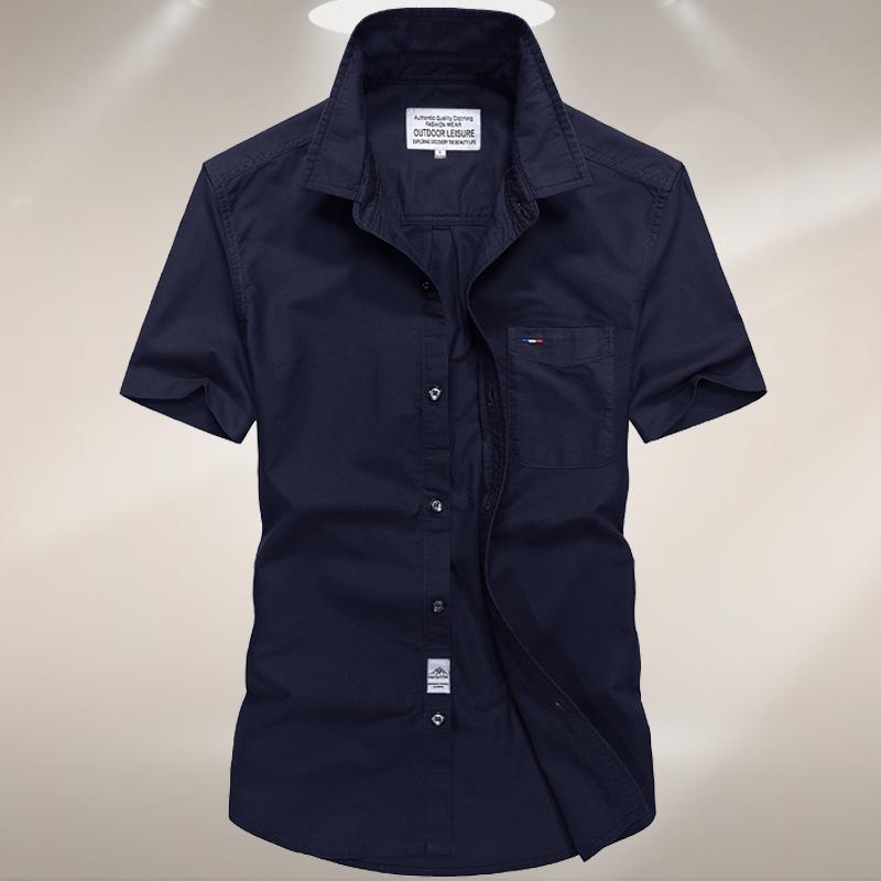 Medan Perang Sederhana Oxford Pria Lengan Pendek Musim Panas Lengan Pendek Kemeja Kemeja (Denim Biru)