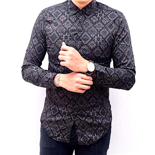 Ormano Kemeja Batik Pria Slimfit Songket Lengan Panjang Abstrak-D Fashion Kerja Kantor Kondangan Modern - Hitam