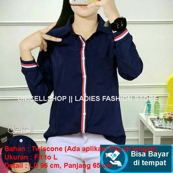 Kemeja Blouse Yemi Lengan Panjang/ Blouse Polos Cewek / Hem Kemeja Baju Wanita Fashion Bangkok / Blus Korean Style / Blouse Wanita Modern / Kemeja Murah Adem / Atasan Wanita / Hem Wanita / Tunik Wanita Polos SM (symous) - Putih Navy Hitam