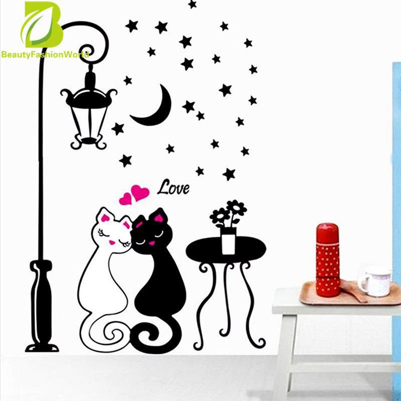 Removable Pasangan Kucing Lampu Jalan Mural Dinding Stiker Decals Kamar Tidur Dekorasi Rumah-Internasional
