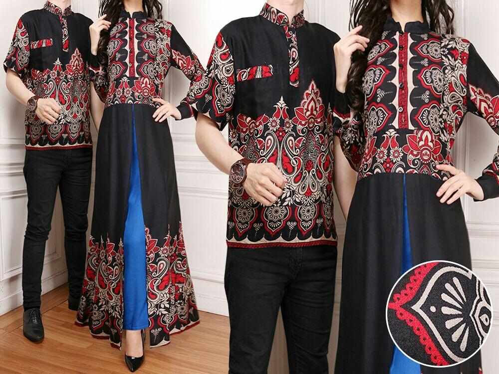 UC Couple Kemeja Batik Pria Couple / Gamis Syari Syar'i Muslim / Kebaya Dress Wanita / Set Muslim (LLABE) 7T - Hitam