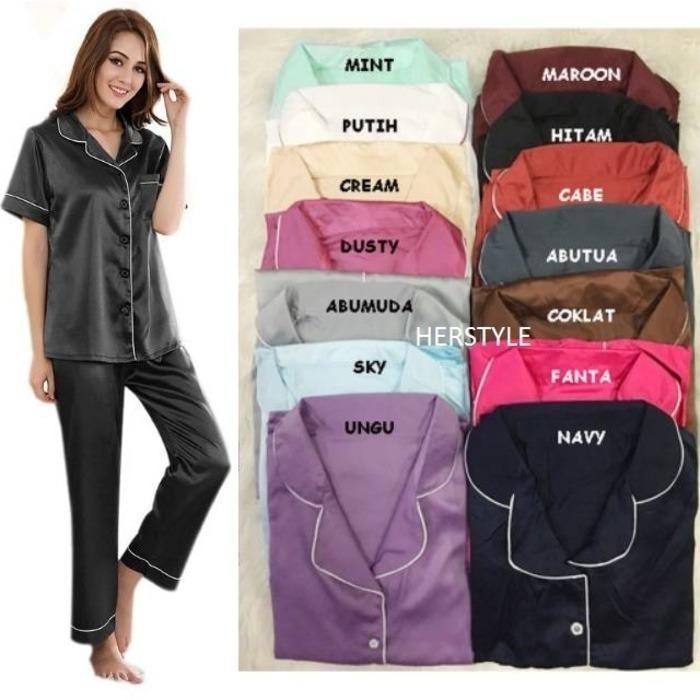 Baju Tidur Atau Santai Lengan Pendek Berbahan Satin Polos - Random ( All Size )