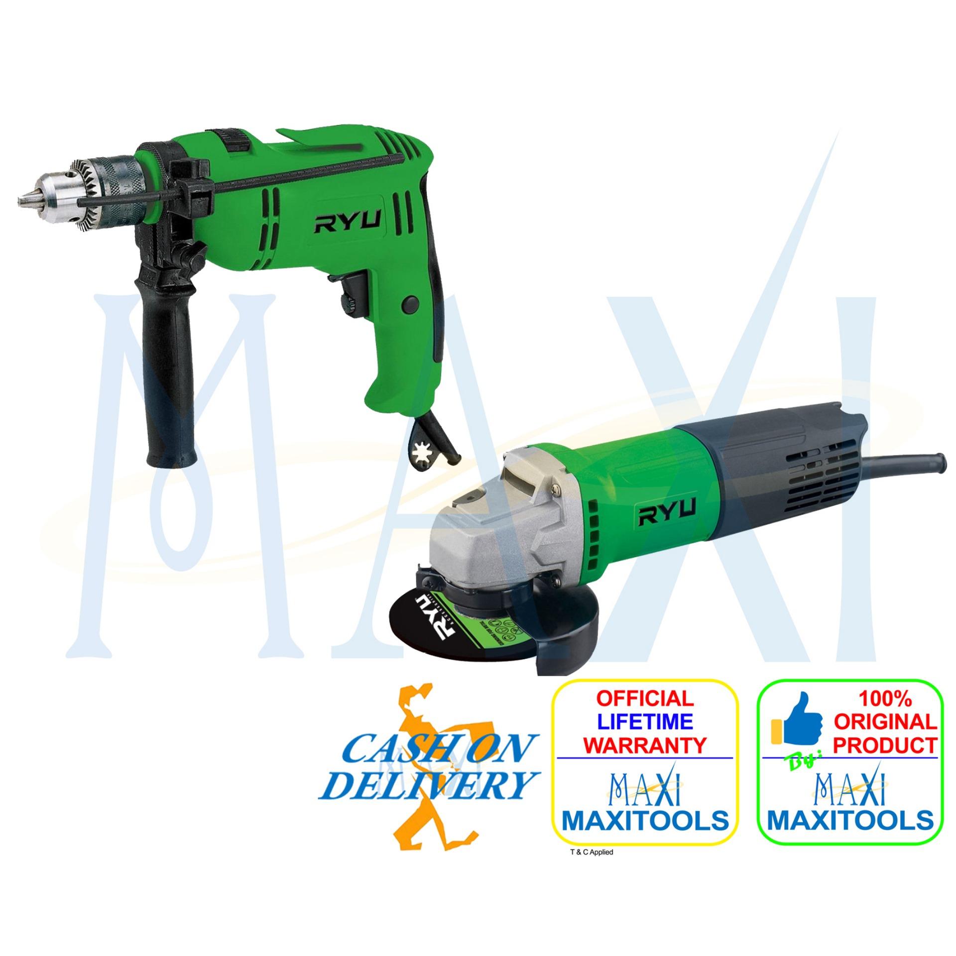 MAXITOOLS - TEKIRO RYU Mesin Bor Beton / Tembok (Impact Drill) + Grinda / Gurinda / Gerinda - RSG 100-3 + RID 13-1 RE