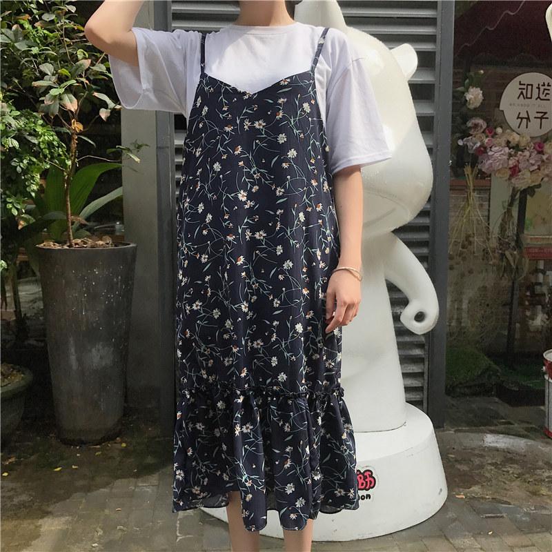 Ulzzang Rok Huruf A Korea Fashion Style Musim Semi dan Musim Panas Rok Terusan Sling (Beige)