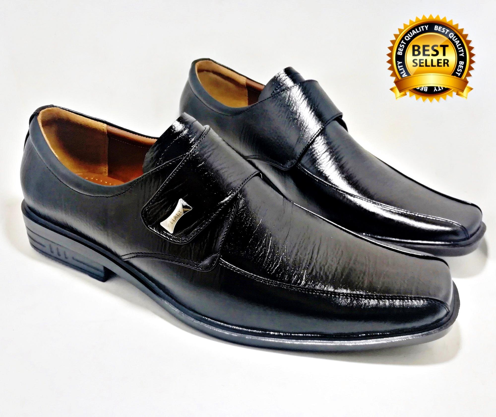 Sepatu Kantor Velcro Pria Kulit Asli Tekstur Serat Kayu Pantofel Kretekan / Perekat - Hitam - Yupelia