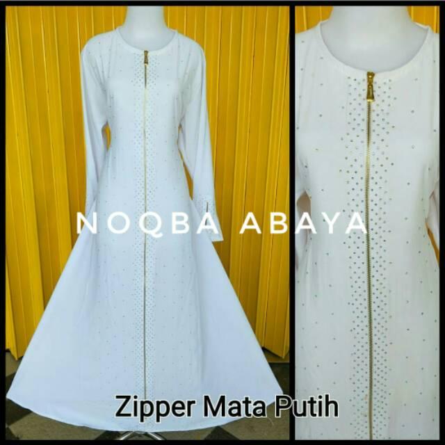 Exclusive Abaya Gamis Jubah Dress Putih Arab Saudi Zipper Mata Baju Umroh Mekkah Madinah Polos Haji (M)