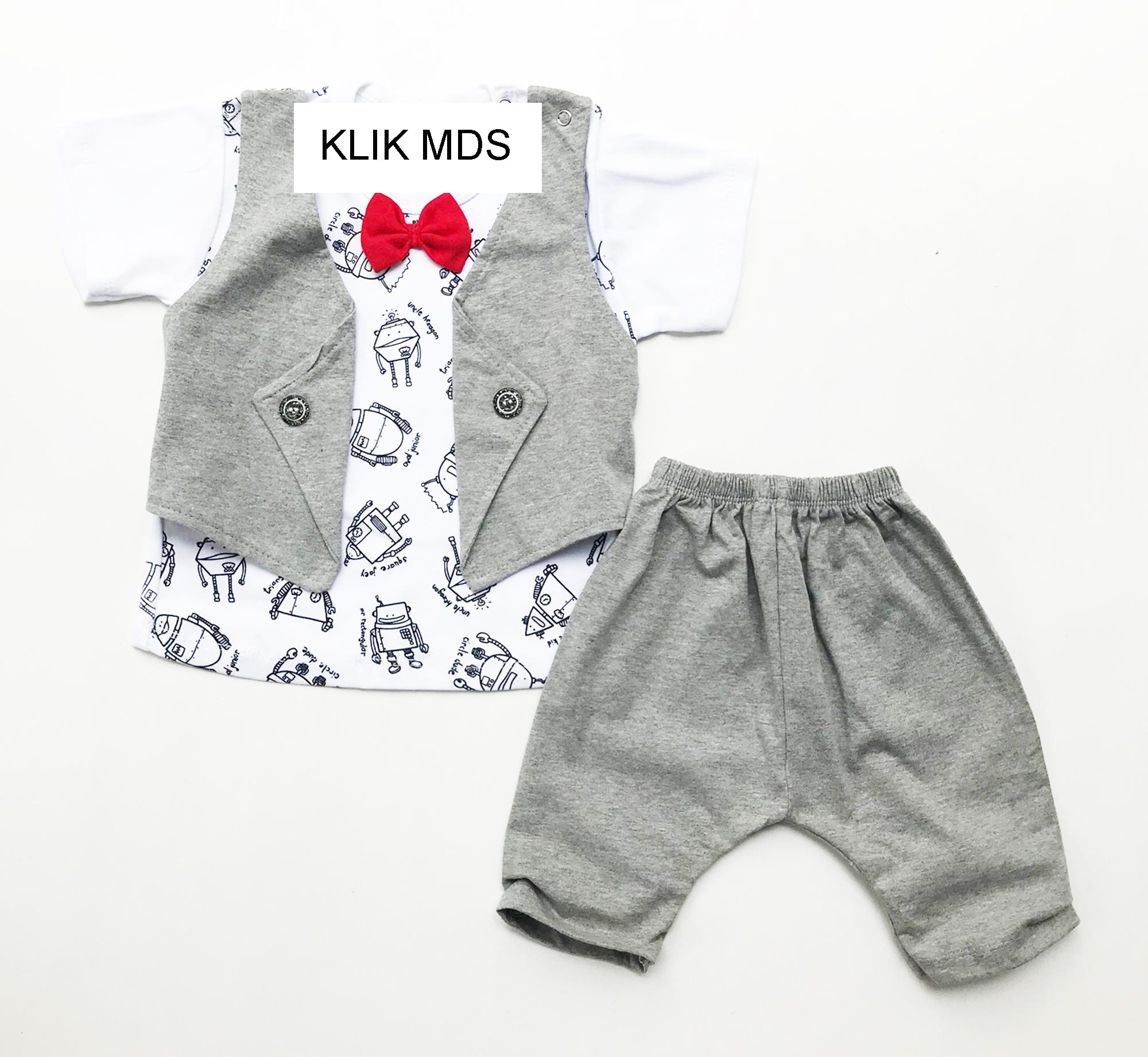 Klik Mds Baju Setelan Anak Bayi Lelaki Model Rompi Nempel dan Celana Motif Robot