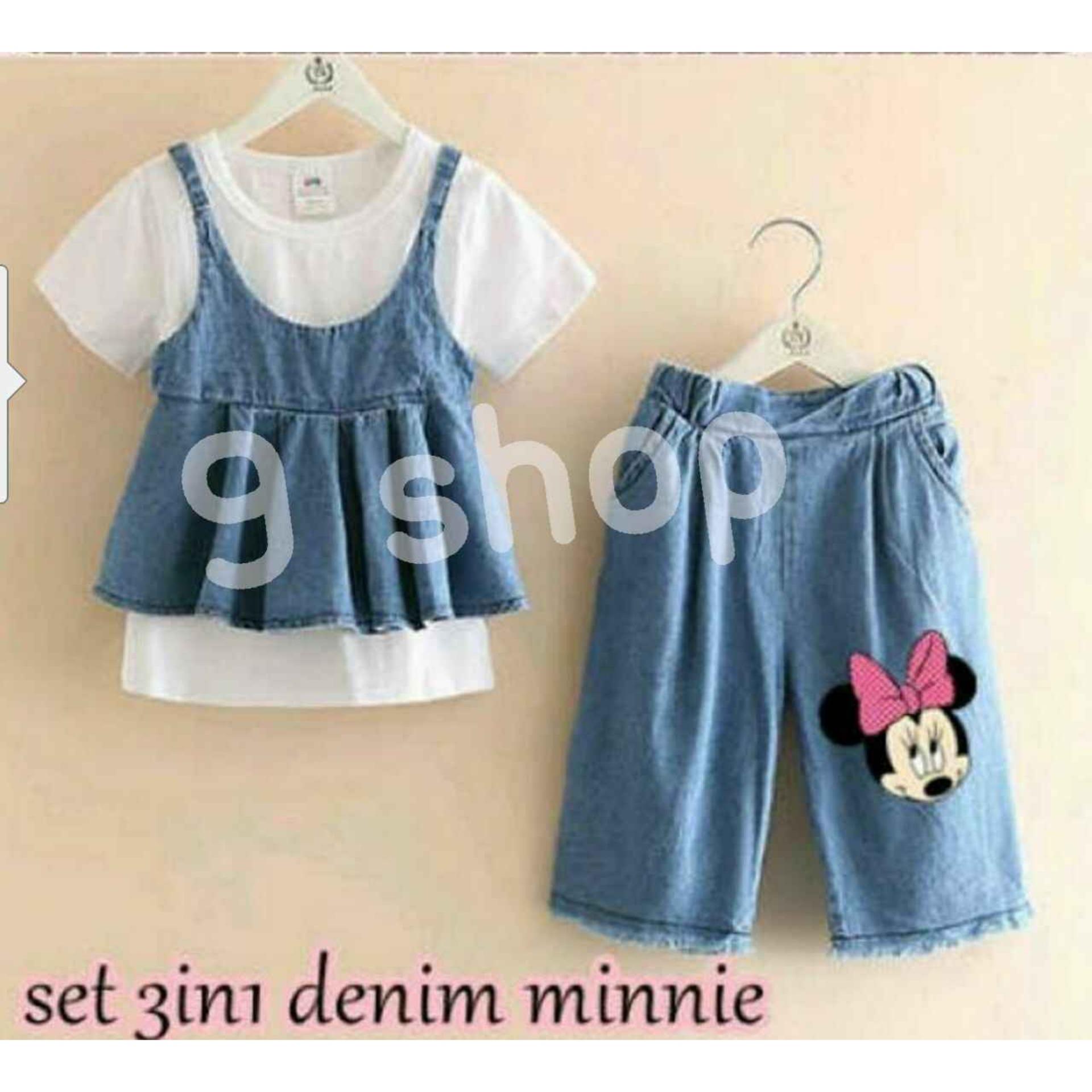 9 Shop 3in1 Setelan Baju dan Celana Anak Perempuan MINI DENIM + Free Kaos / Stelan Baju Anak Perempuan / Stelan Anak Cewek / Baju Anak Perempuan / Celana Anak Perempuan / Setelan Anak Cewek / Setelan Anak Murah / Baju Anak Murah / Stelan Kartun Anak