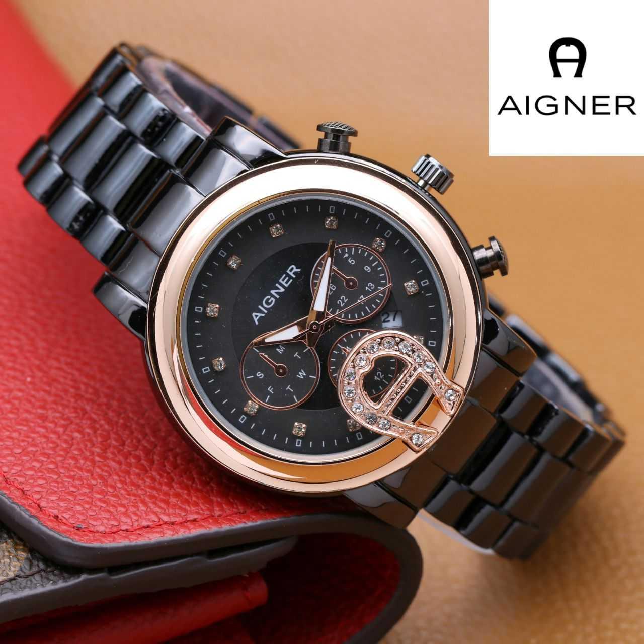 Jam Tangan Aigner Hitam / Gold Rantai Wanita Cewek Grosir Rolex Guess