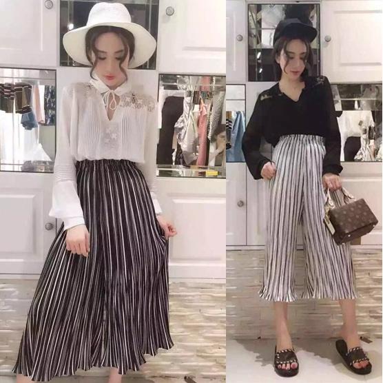 Kulot Sifon Hitam dan Putih Musim Semi dan Musim Panas Celana Cutbray Flounced (Warna Dasar Putih Bar Hitam)