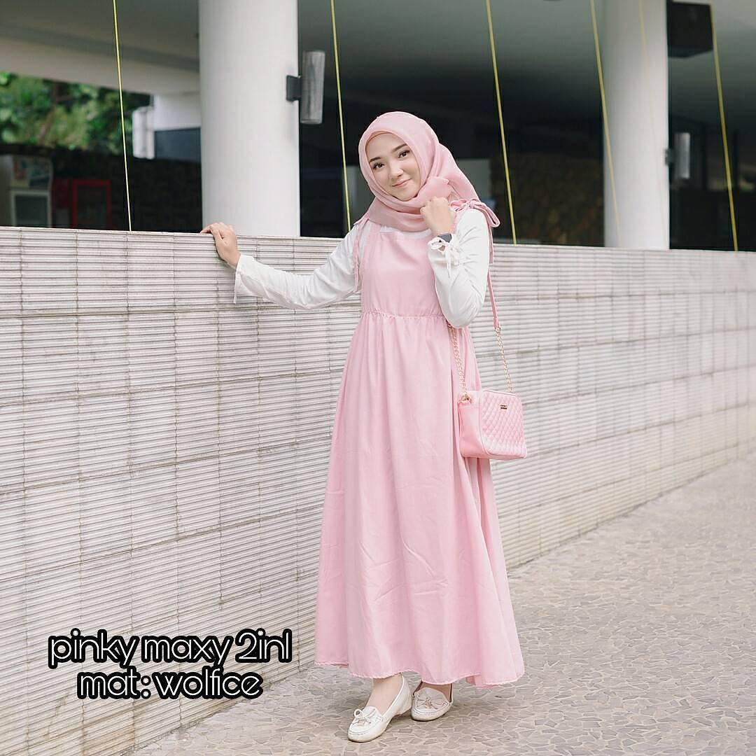 New Baju Original Pinky Maxy 2in1 Setelan Atasan + Celana Rok Overall Fashion Wanita Pakaian Muslim Cewek Hijab