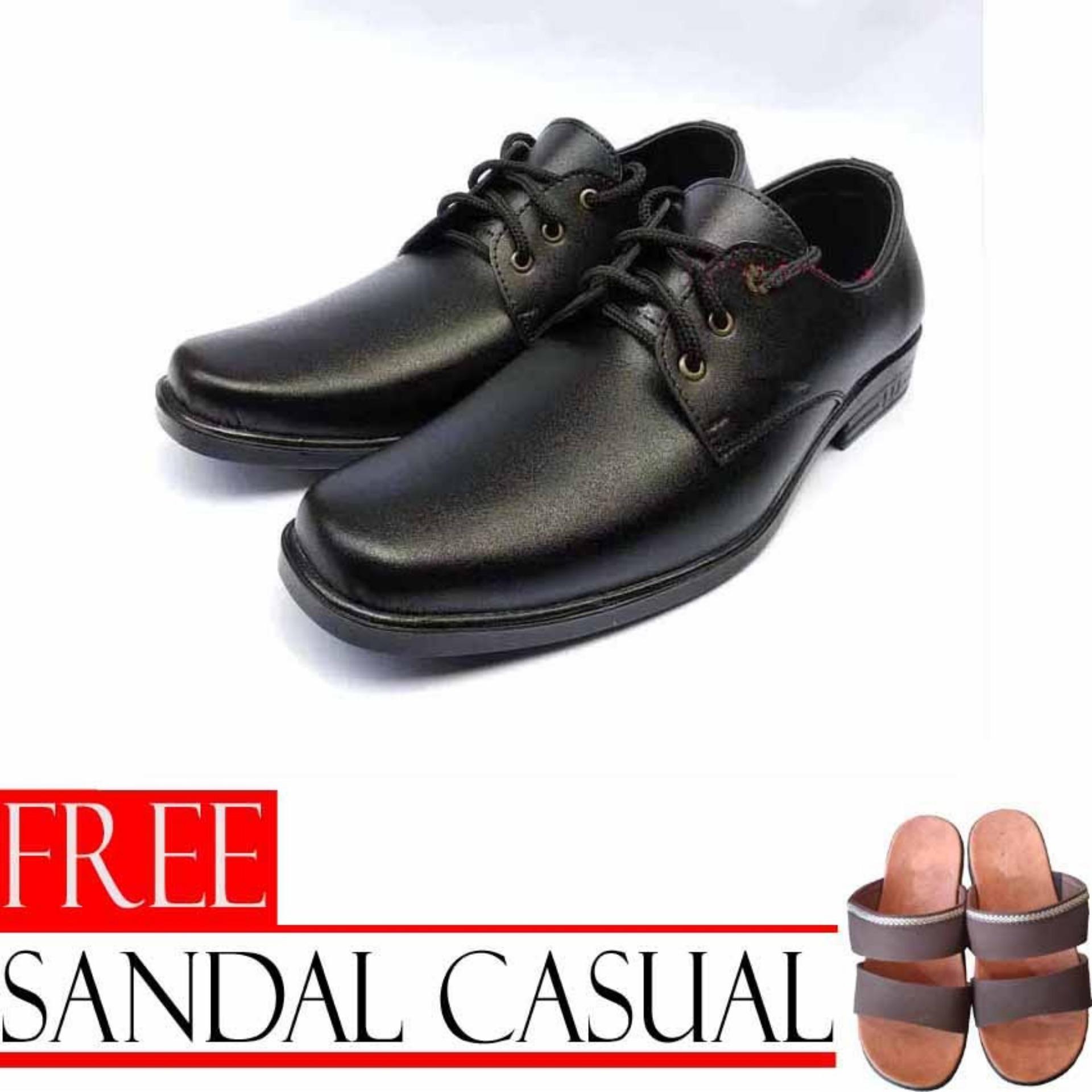 Sepatu Kerja Pria Kantor Pantofel Kulit Sintetis Model Tali - Black - Free Sandal Casual