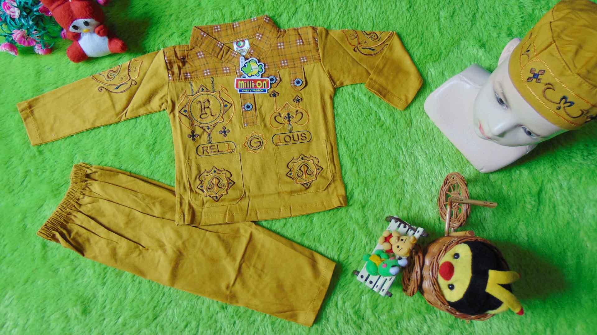 kembarshop - PLUS PECI setelan baju koko muslim anak bayi laki-laki newborn 0-12bulan kuning kunyit bordir kancing dada
