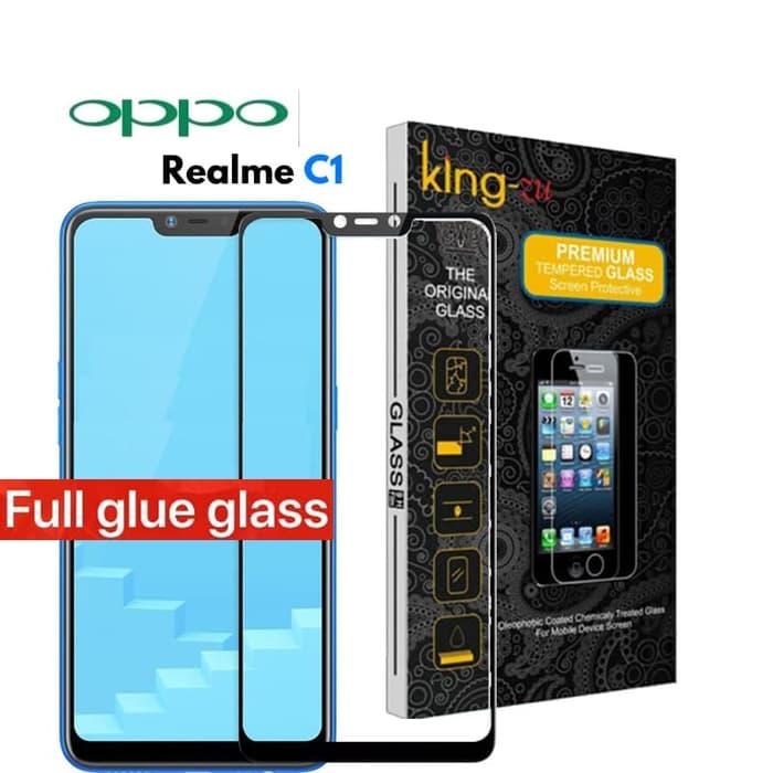 For 5D Oppo Realme C1 2018 King Zu Anti Gores Kaca NEW 2018 2018 Full Body Glue Tempered Glass For Oppo RealmeC1 Screen Protector 9H Full Cover Glass (Hitam)
