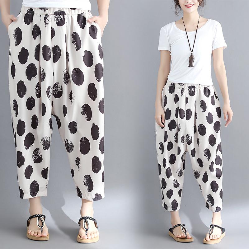 MM Celana Ukuran Besar Sastra Polkadot Dicetak Celana Longgar Ikat Elastis (Gambar Warna)