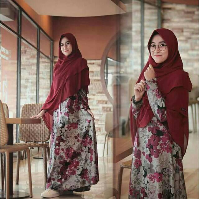 Gamis katun jepang lyra virna isma nurmala dress motif bunga maxidress longdress syari busana (Size jumbo maroon)