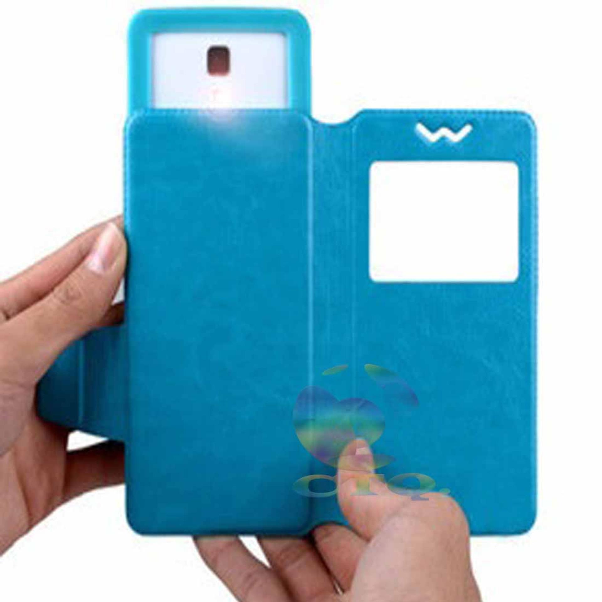 Leather Windows View Case For Evercoss Elevate Y2 Power Smartphone Slide Up Case Universal Flipshell / Universal Flipcover / Universal Flip Cover Kulit / Universal Sarung Case / Universal Sarung Handphone - Biru