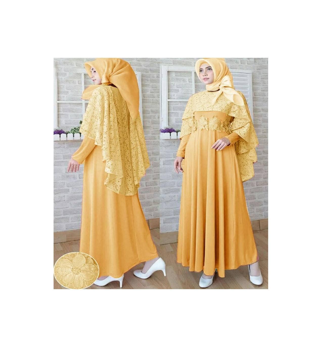 Best maxi githa mustar variasi brukat dan bunga timbul gamis dres