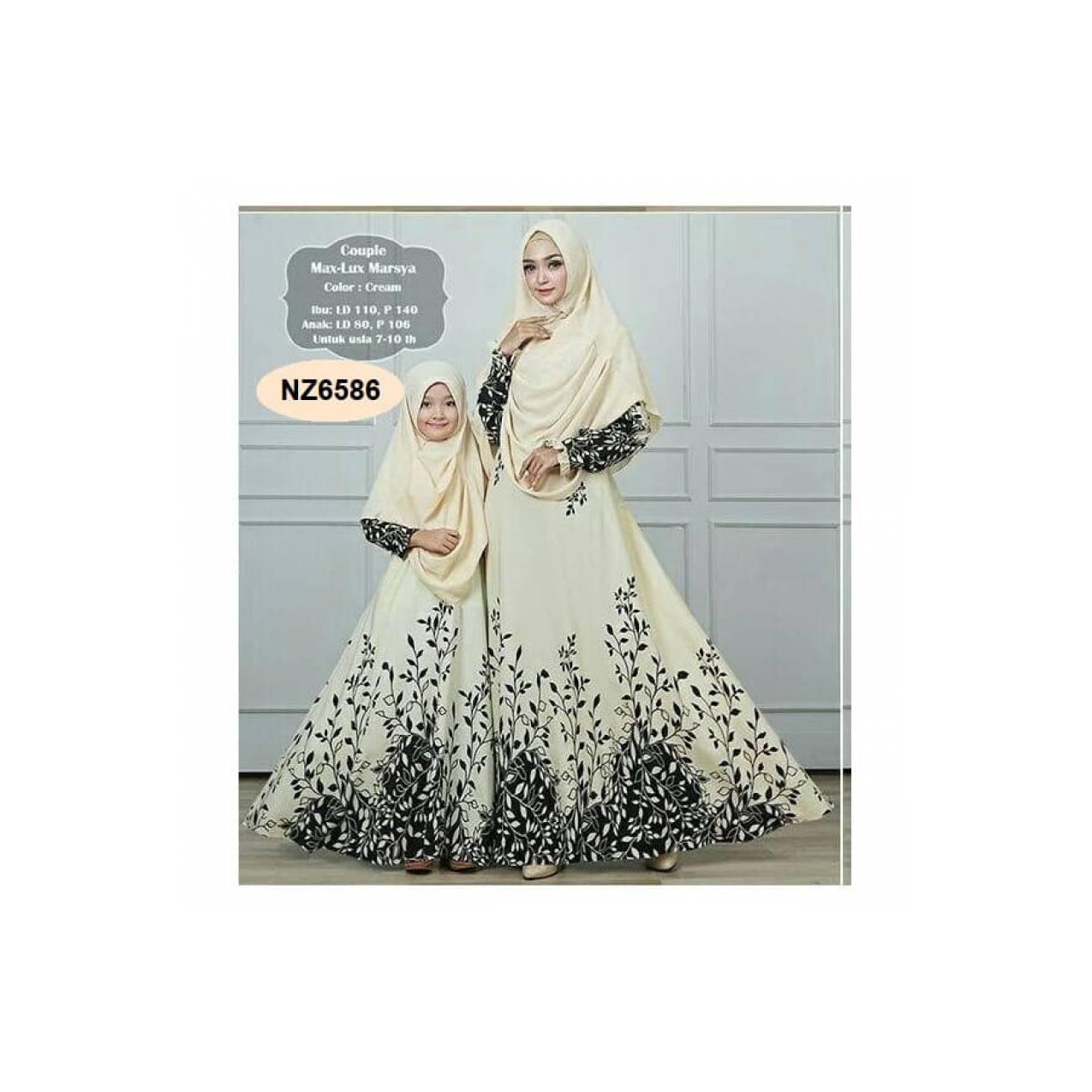 Gamis Syar i Premium Couple ibu anak bahan maxmara motif daun NZ6585 - Beige