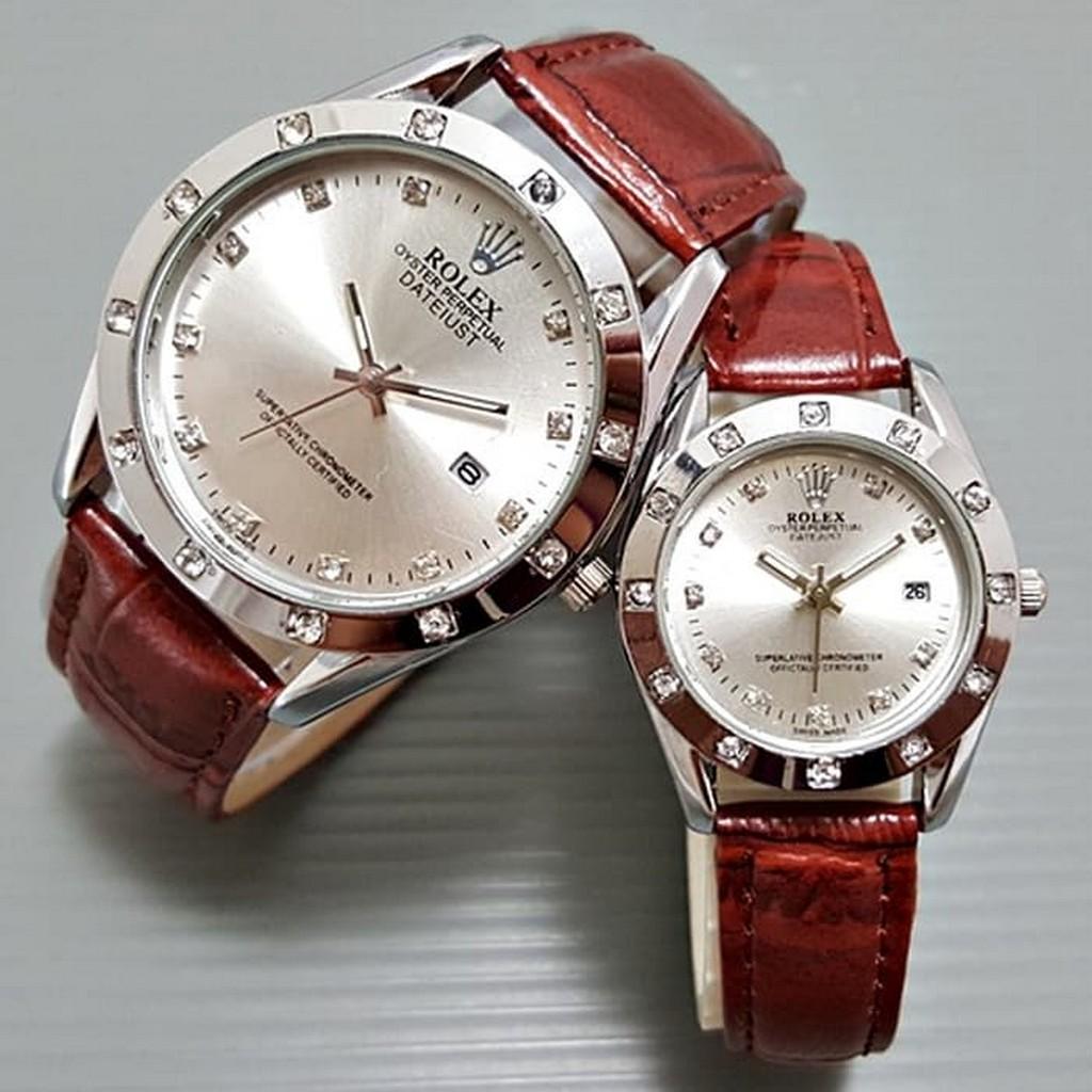 jam tangan couple / jam tangan couple anti air / jam tangan couple murah / jam tangan couple casio / jam tangan couple keren / jam tangan couple swiss army / Jam Tangan Rolex Couple Leather Light Brown Silver Harga Sepasang DISKON MURAH!!!
