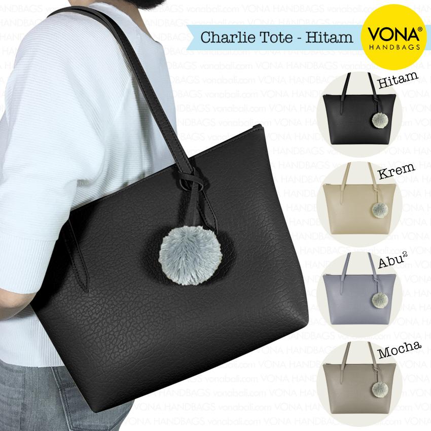VONA Charlie - Tas Tote Bahu Pompom Bulu Shoulder Bag Wanita Tangan Sekolah Kerja Belanja Ladies Shopping Simple Handbag Gendong Remaja Cewek Tali Zipper Murah Korean Fashion Bali Kulit Sintetis PU Leather Best Seller New Terbaru Branded Original Asli