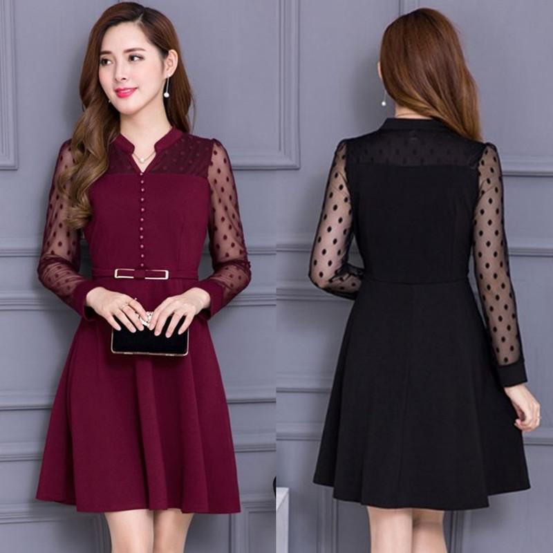 Ibu Gemuk Gaun Kasa Lengan Panjang Baju Dalaman Perempuan Baru (Hitam)