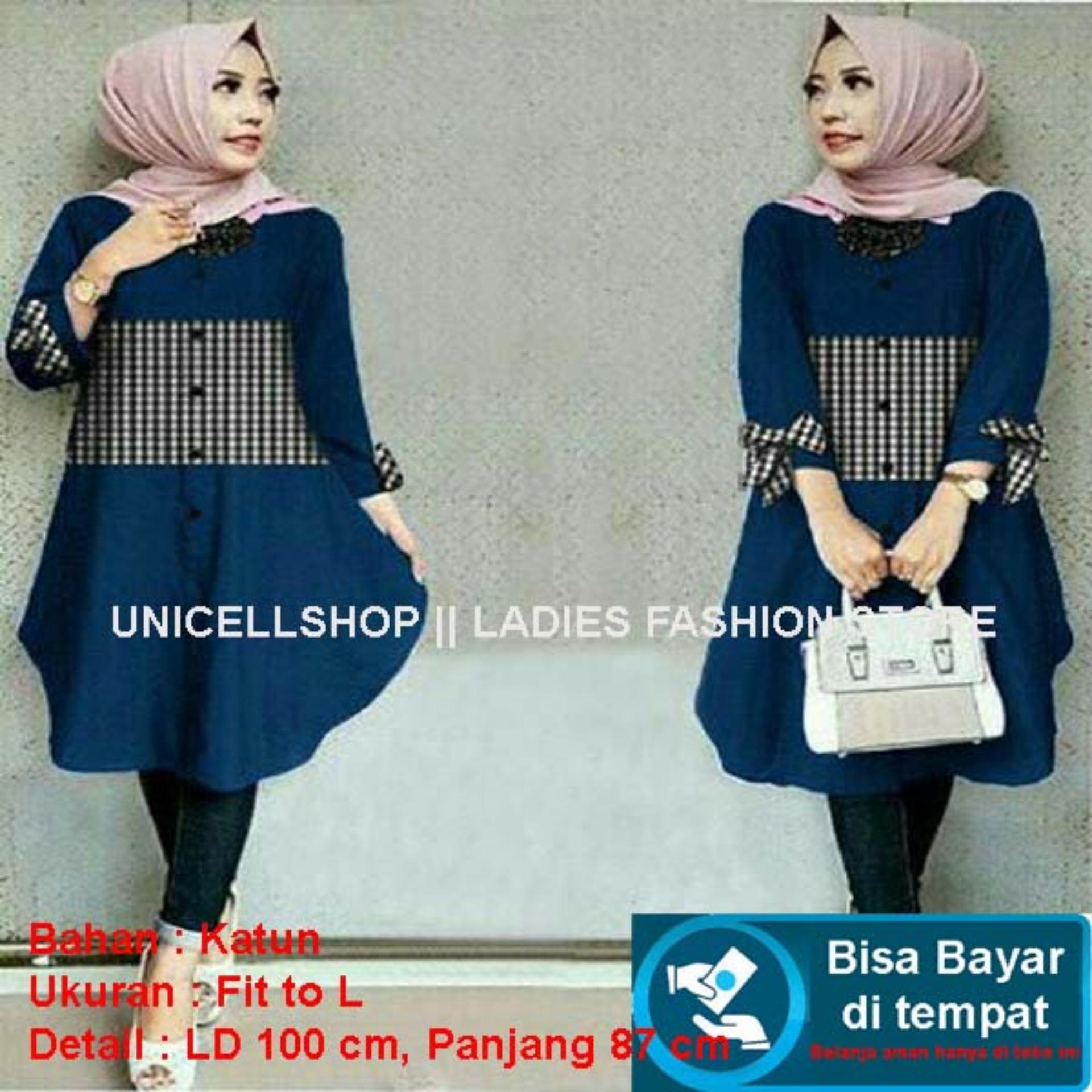 Tunik Hijab Wanita Katun Kotak / Kemeja Wanita / Baju Lebaran / Long Hem / Atasan Wanita / Baju Muslim Kerah / Tanpa Pasmina (nixtu bbonri) NR D30 - Navy/ Kemeja Formal Wanita Casual