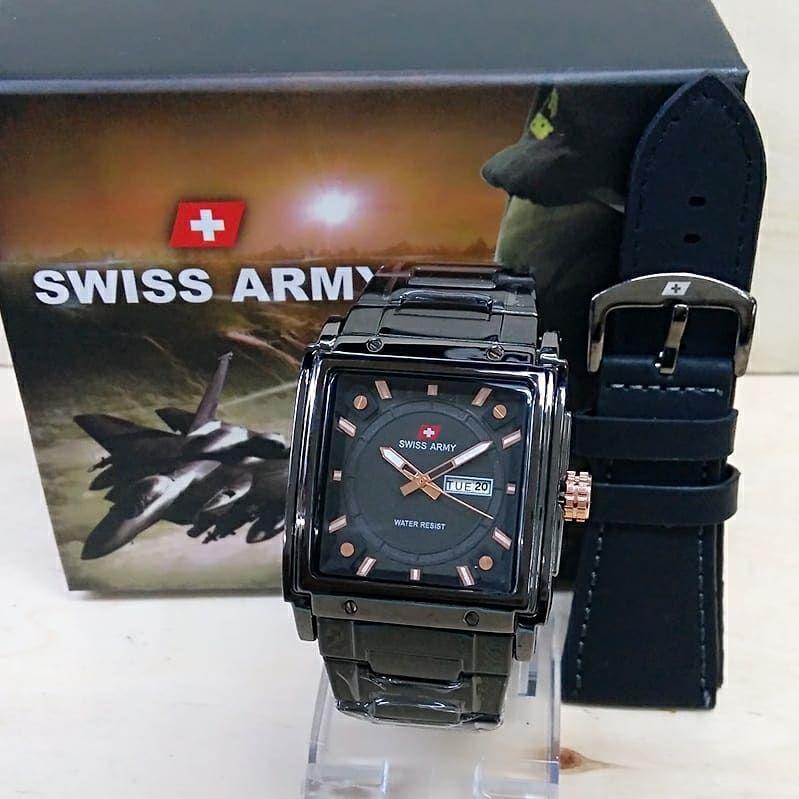 Swiss Army Trendy Sporty Fashion Jam Tangan Pria Crono/Tanggal Aktif Tali Rantai Stainnless Free ( Kotak Swiss Army & Tali KULIT) Model Terbaru