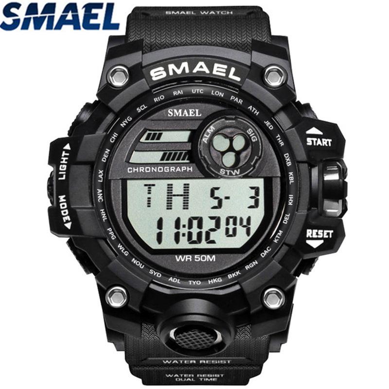 Smael Top Brand Mewah Olahraga Luar Ruangan Pria LED Arloji Digital Kasual Modis Menonton 5Bar Militer Anti Air Jam Tangan 1545D