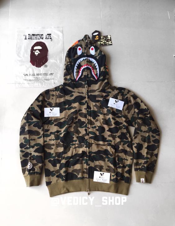 BAPE HOODIE JAKET SHARK HIJAU CAMO FULL TAG FULL ZIP SUPER MIRROR 1:1