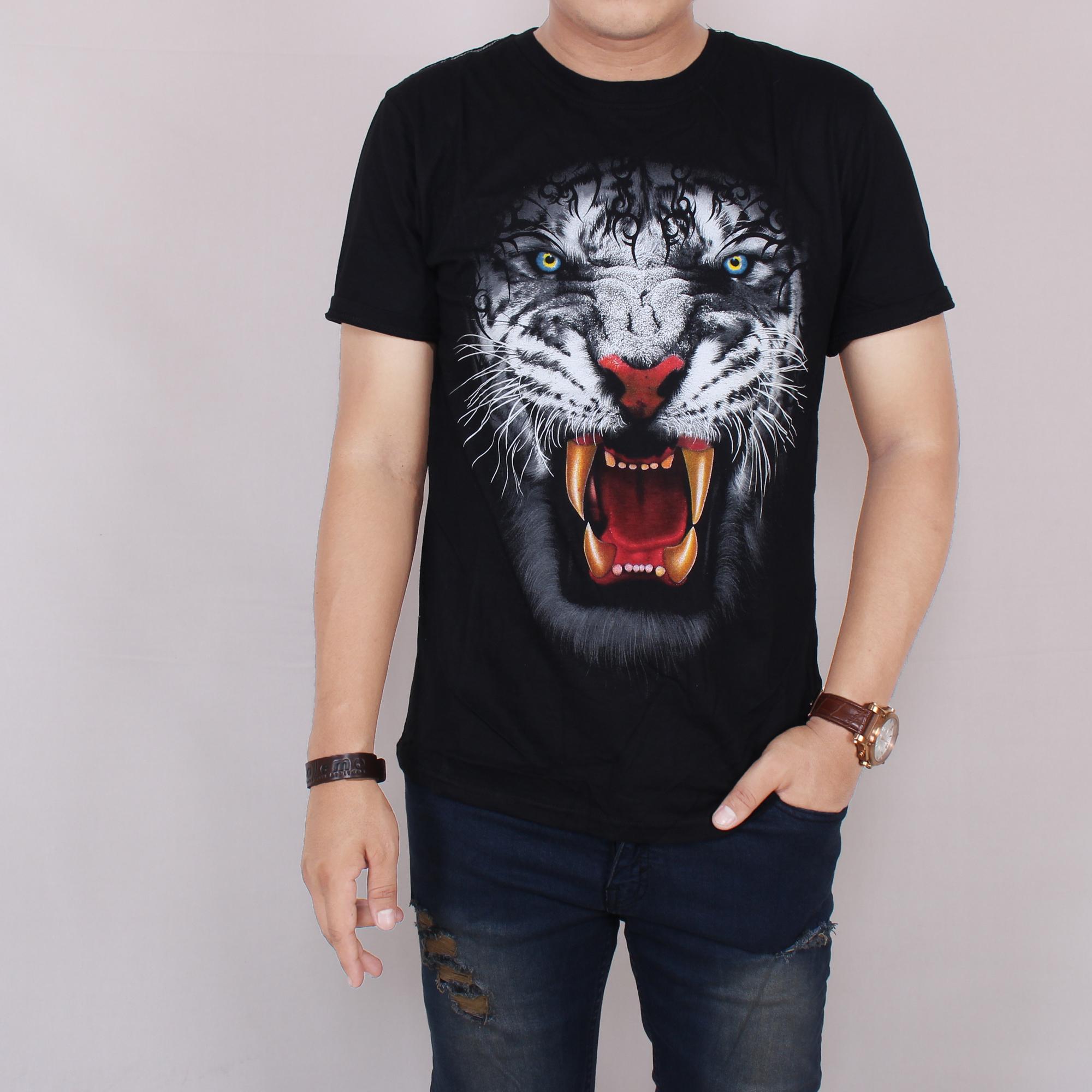 Zoeystore1 5804 Kaos Hitam Pria Lengan Pendek Baju Kaos Cowok Santai Kaos Cowok Formal Black Motif Tiger