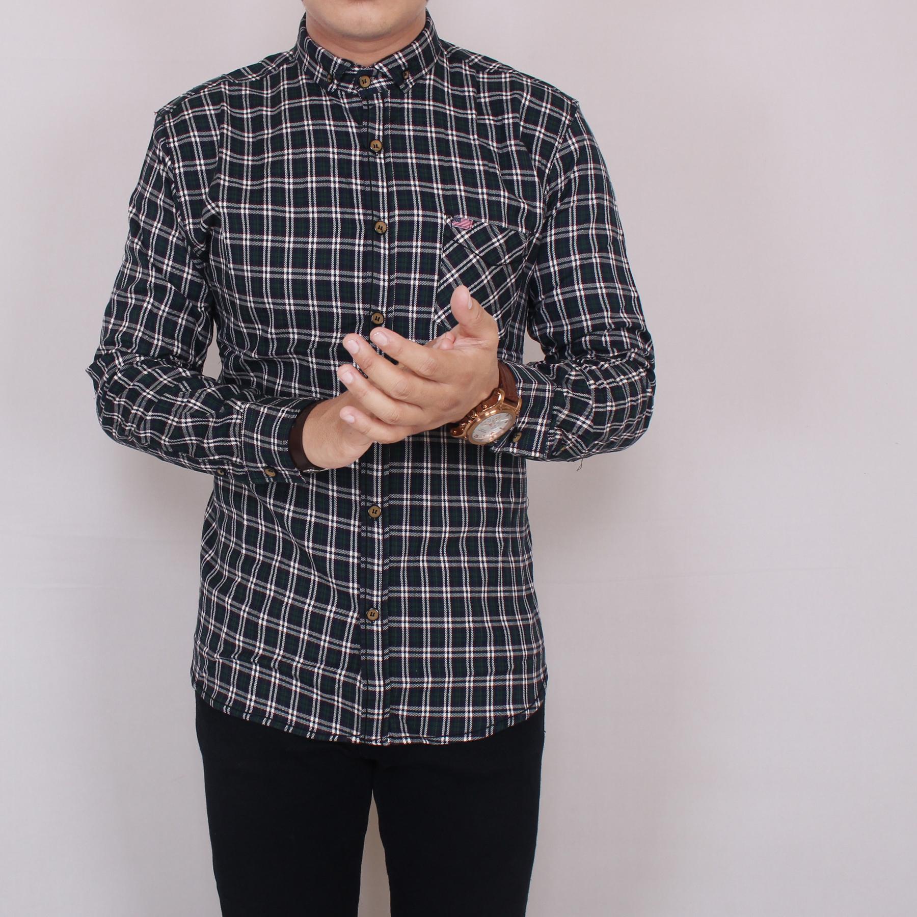 Zoeystore 5797 Kemeja Flanel Pria Lengan Pendek Exclusive Baju Kemeja Flannel Cowok Kerja Kantoran Formal Kemeja Distro Putih Kotak Hijau