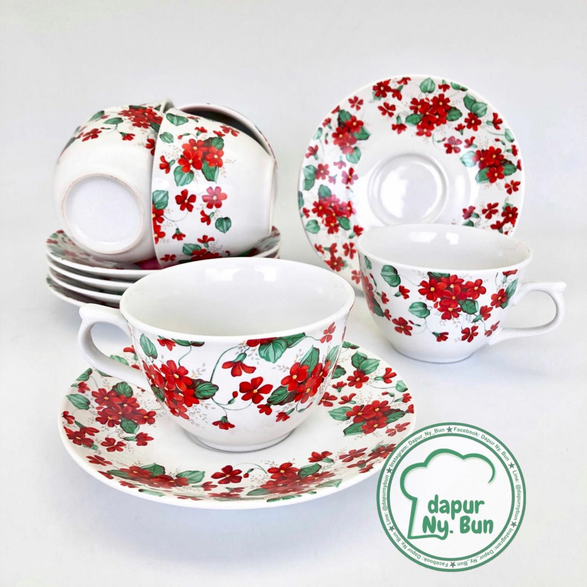 6 Pasang Cangkir Set Motif Bunga (6 Cangkir + 6 Saucer)