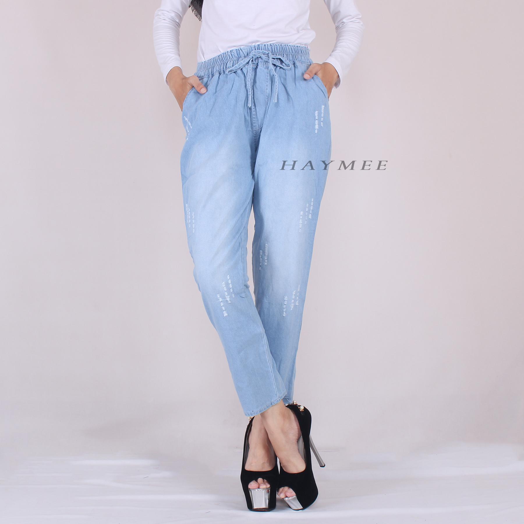 Haymeestore Celana Boyfriend Jeans Wanita Motif Sobek Celana Denim Cewek Bawahan Jeans Blue