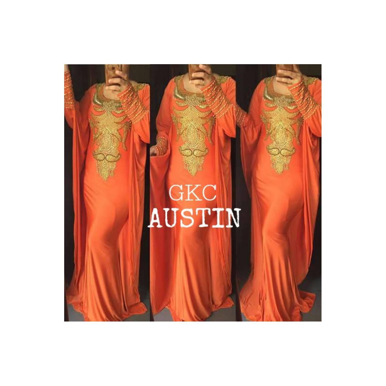 JUAL MURAH MAXI DRESS GAUN PESTA KAFTAN SPANDEX PAYET AUSTIN ORANGE