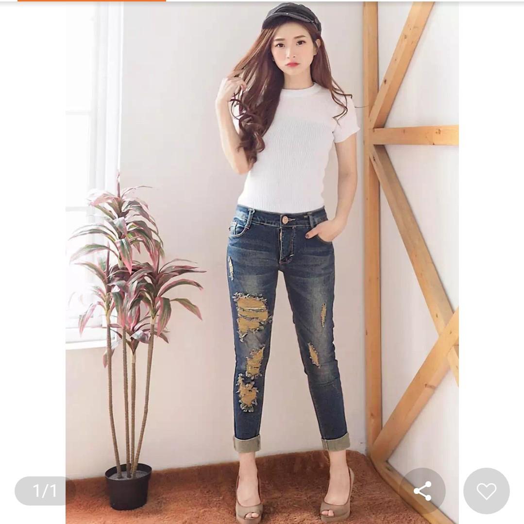 OZY - Celana Jeans Wanita 7/9 Ripped - Kaki Lipat - Sofjeans