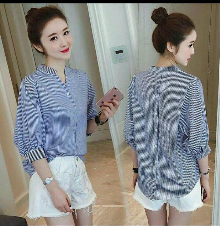 UC sanghai stripe Blouse Lengan pendek / Blouse Kotak Polos Cewek / Hem Kemeja Baju Wanita Fashion Bangkok / Blus Korean Style / Blouse Wanita Modern / blus wanita terbaru NR (nghaisa)- Hitam