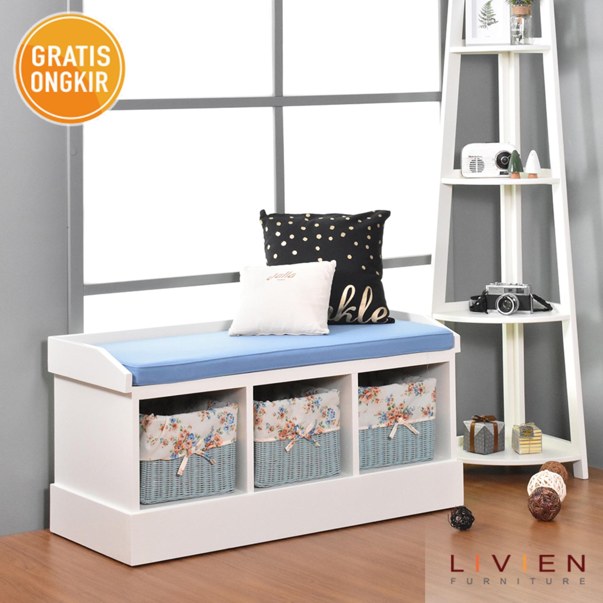 LIVIEN Kursi Kursi Panjang / Sofa / Stool / Bangku Rattan Bench Skyblue