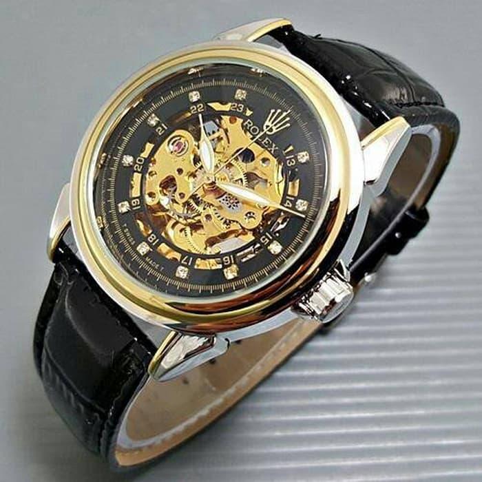 HARGA DISKON!!! Jam Tangan Pria / Cowok Rolex Skeleton Diamond Leather Black Kombinasi
