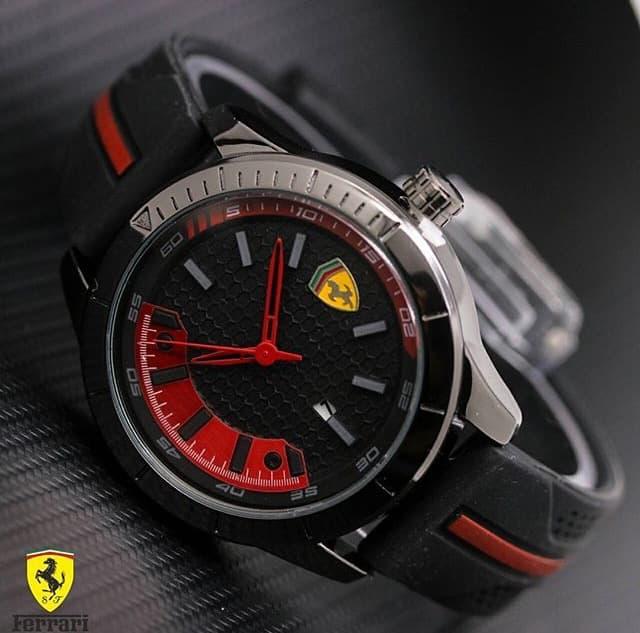 BEST SELLER!!! Jam Tangan Pria / Cowok Murah Ferrari Date Rubber Black Red