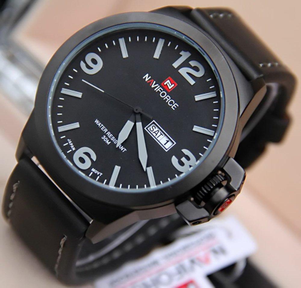 Jam Pria Original Naviforce N9060 Black Leather - Grey Stripe (swiss army expedition casio) Anti Air Water Resist Proof