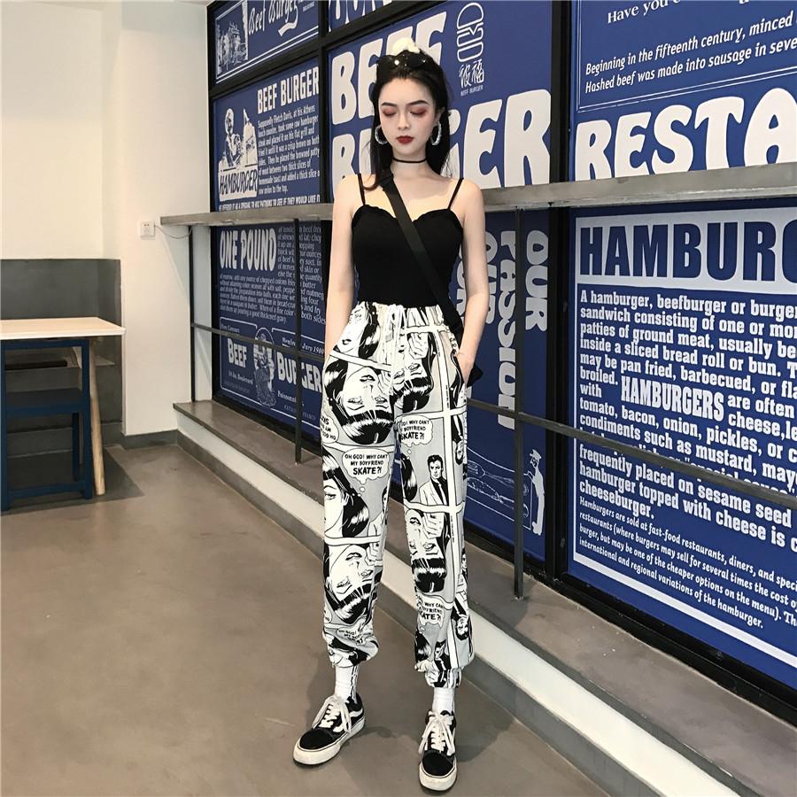Chic celana olahraga kepribadian longgar komik Highwaist