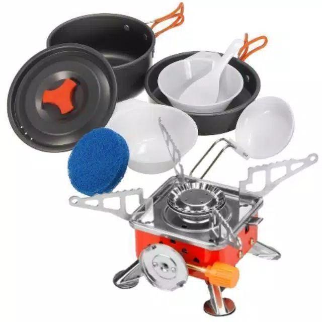 Paket alat masak camping kompor gas kotak dan Cooking set nesting ds-200 untuk 2-3 orang
