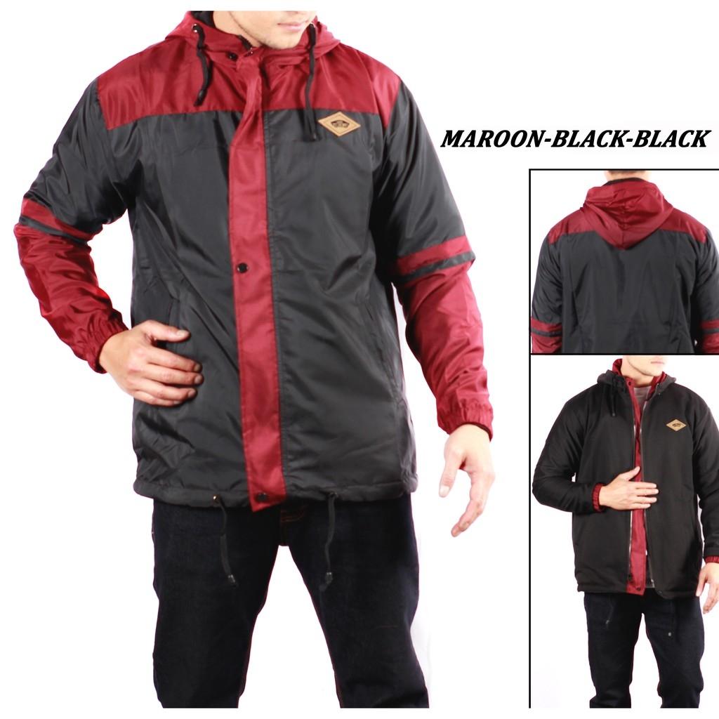 Jaket Parasut Bolak Balik Hoodie Pria - Maroon Black