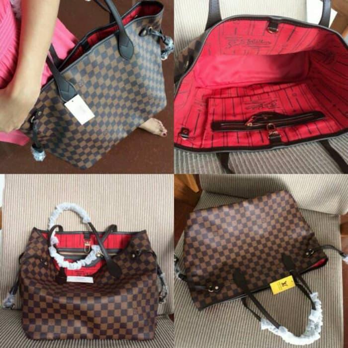 ORIGINAL!!! Tas Branded Lois Vuitton LV Neverfull Motif Damier Bahan Kulit LV Baru - reLG6a