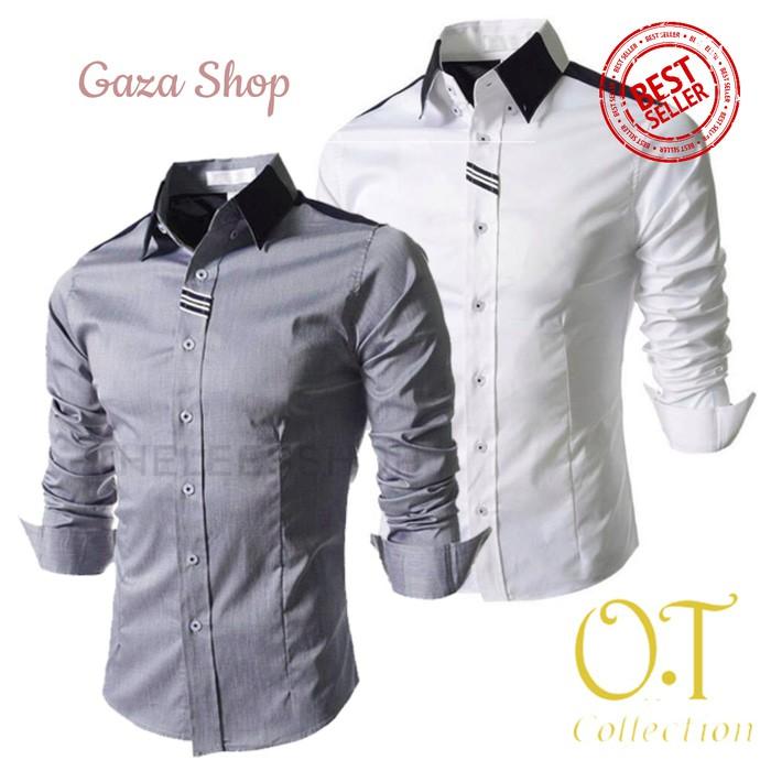 Hem Excellior OT Pakaian Pria Kemeja Slim Fit Warna Abu Dan Putih - Opd9hw