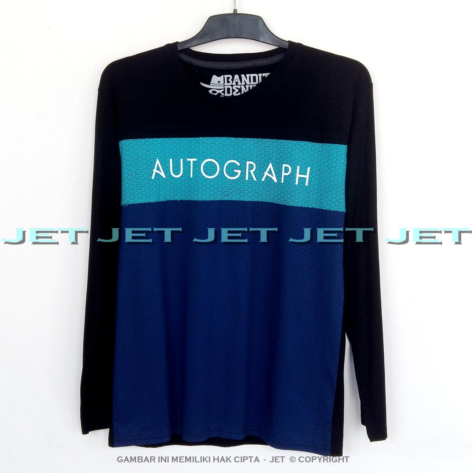 JET - Kaos Distro AUTOGRAPH HIJAU Lengan Panjang Soft Rayon Viscose Blended Lycra Size M Fit To L Pria / Wanita Garis Salur Motif Visual Art