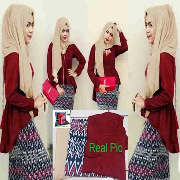 Hijab Maroon Peplum Tribal Set 3In1