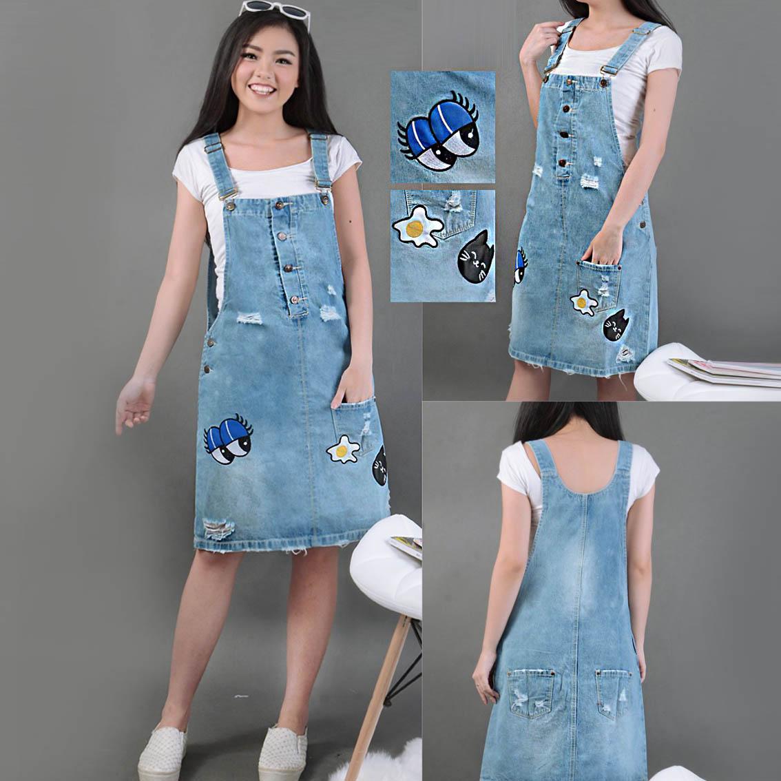 Fashion Atasan tunik -Dress Overall Jamsuit Jeans - Overall Dress Egg Eye ONE JI18310 - ( Baju Kodok/ Jumpsuit Jeans/ Baju Terusan )